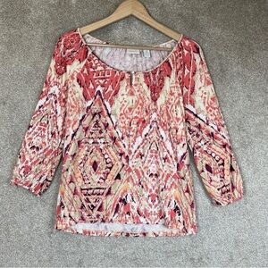 Chico’s Blouse Womens 0 Pink 3/4 Sleeve Pullover Stretch Rayon Blend- 2809*